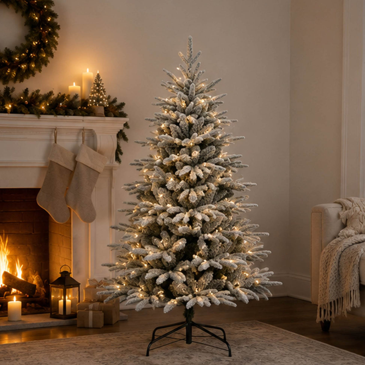 4.5FT Pre Lit Flocked Christmas Tree Warm White LED