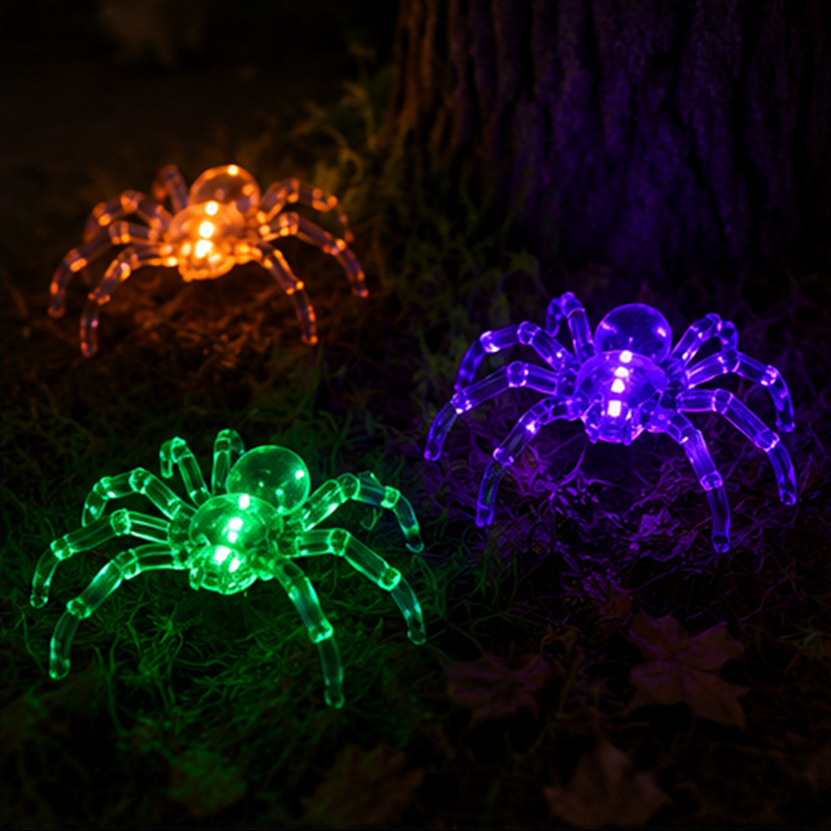 3 Pack Light Up Spider Halloween Decor Orange Green UV
