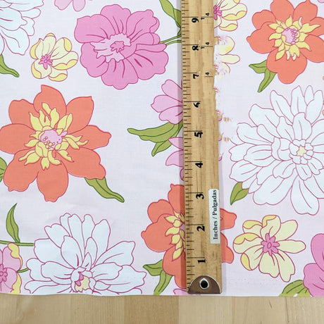 Blooming Garden Cotton Spandex Fabric - Floral Print, Pink, Dark Pink, Light Yellow, Coral, 44/45" Width (1 Yard)
