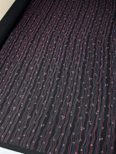 Virgin Wool Printed Striped Fabric Black Pink