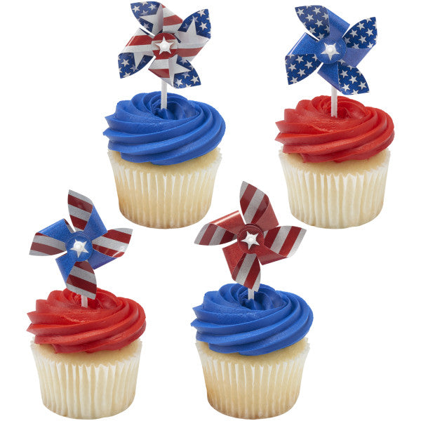 Red, White and Blue Pinwheel USA - 12 count cupcake and cake toppers