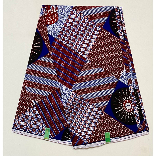 African Print Ankara Cotton Fabric - Brown, Blue, White Scatta, 46" Width (Per Yard)
