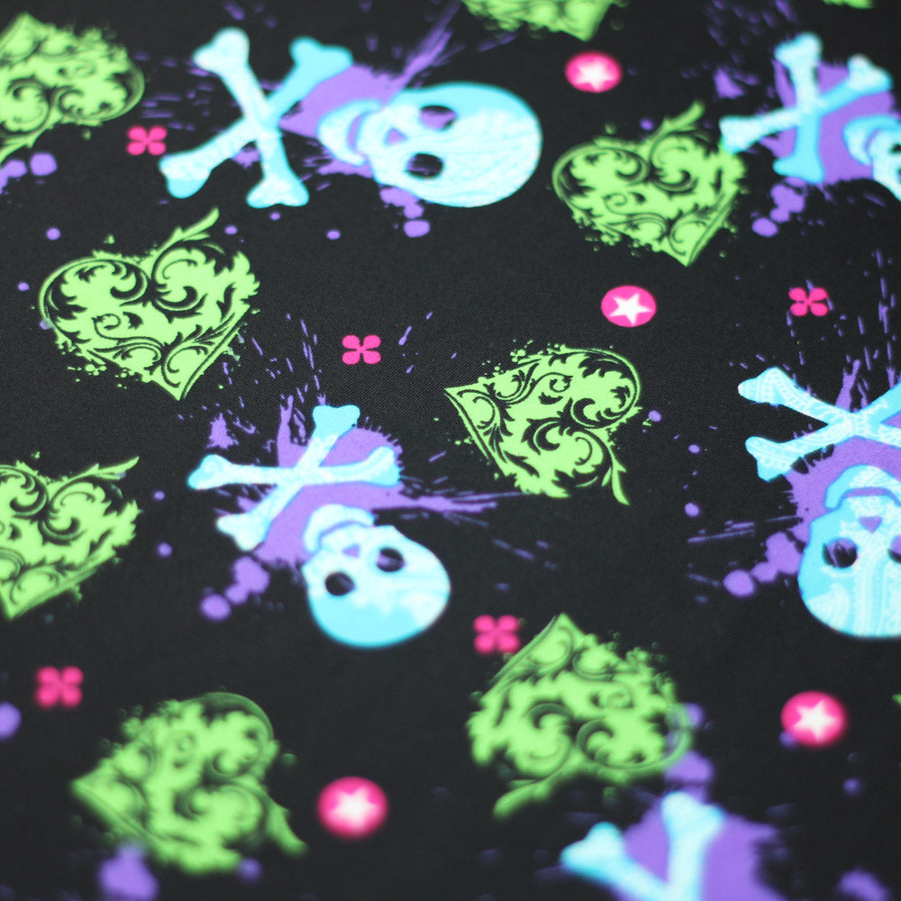 Heart Of Stone Nylon Spandex Fabric - Shiny Red/Green, Heart And Skull Pattern, 58/60" Width (1 Yard)