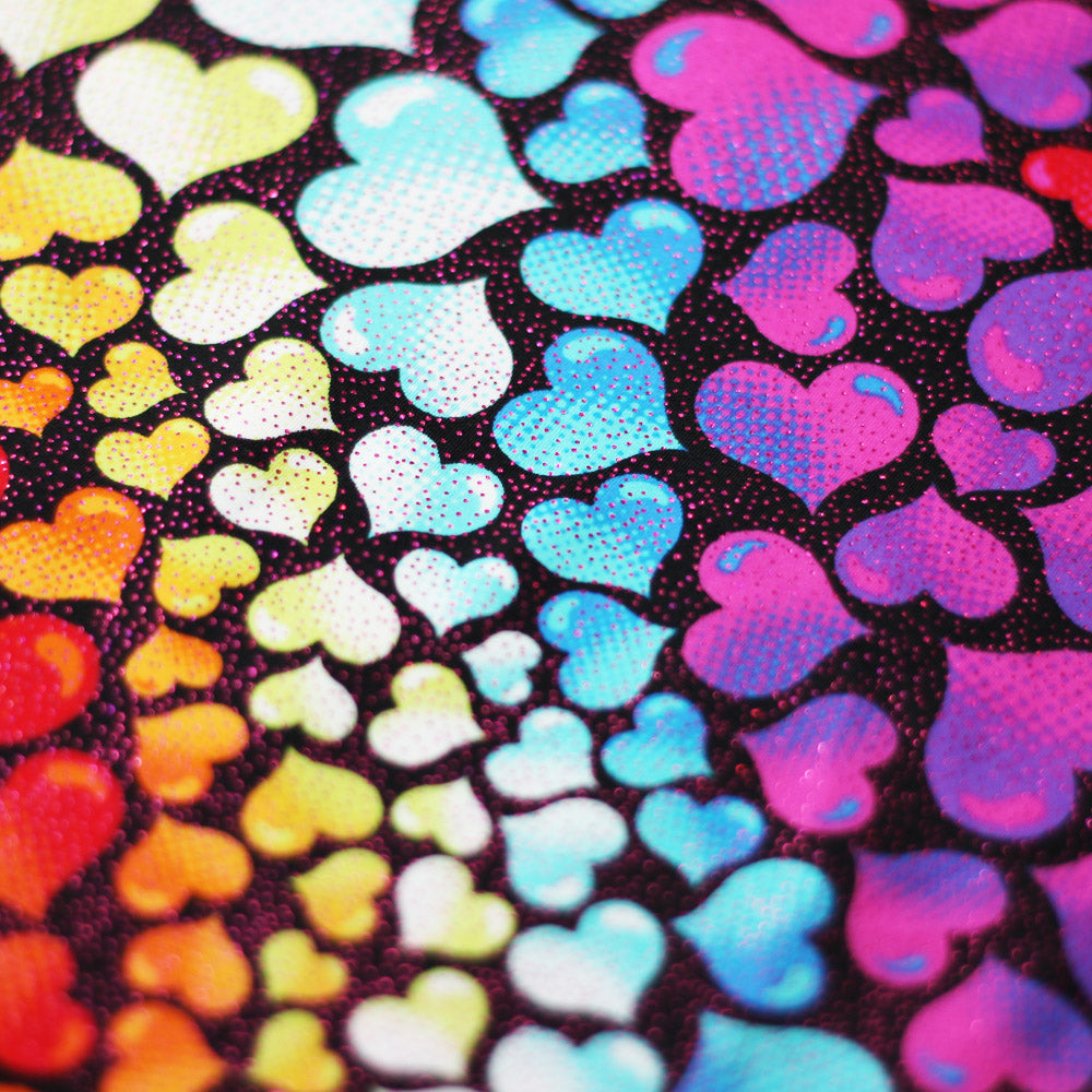Love Mee Nylon Spandex Fabric - Rainbow Hearts Print, Black Multi Or White Multi, 58-60" Width (1 Yard)