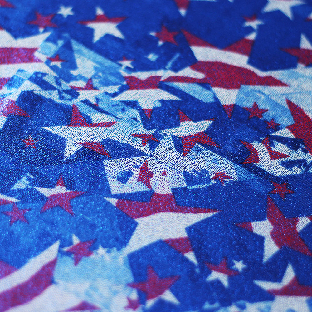 Star Spangled Polyester Spandex Fabric - American Flag Print, Red And White Stars On Blue, 58-60" Width, 240 GSM (1 Yard)