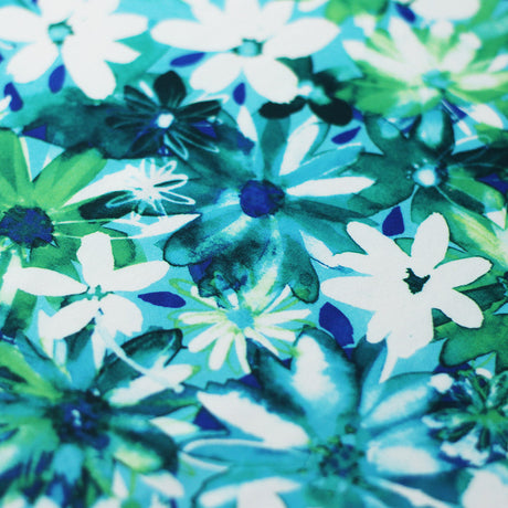 Crazy Daisy Polyester Spandex Fabric - Pink-Orange, Blue-Green Floral Print, 58-60" Width (1 Yard)
