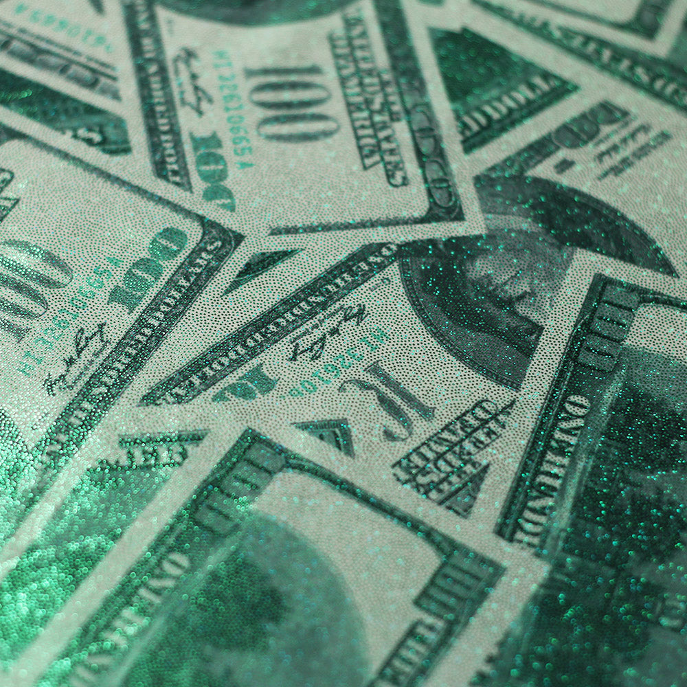 Benjamin Polyester Spandex Fabric - White/Green Money Print, 58/60" Width (1 Yard)