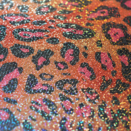 Iridescent Leopard Polyester Spandex Fabric - Pink, Aqua, Orange, Lime, Silver-Black Leopard Print, 58-60" Width, 200 GSM, 4-Way Stretch (1 Yard)