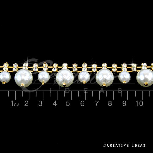 3/4" Dual Size Hanging Pearl Rhinestone Chain-3 Yds (Gold)