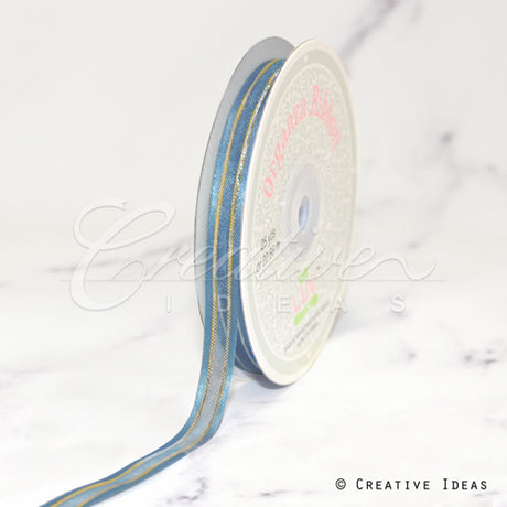 3/8" Organza With Satin And Gold Edge Ribbon - 25 Yards (Antique Blue)