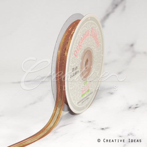 3/8" Organza With Satin And Gold Edge Ribbon - 25 Yards (Antique Gold)