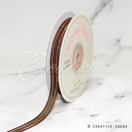 3/8" Organza With Satin And Gold Edge Ribbon - 25 Yards (Brown)