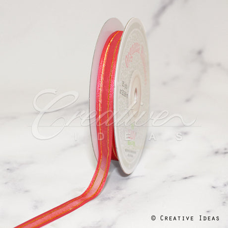 3/8" Organza With Satin And Gold Edge Ribbon - 25 Yards (Coral)