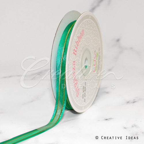 3/8" Organza With Satin And Gold Edge Ribbon - 25 Yards (Emerald Green)