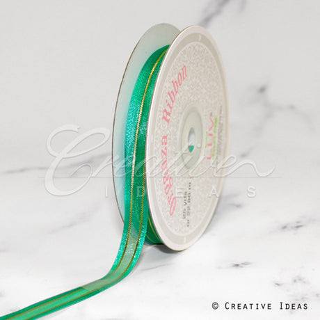 3/8" Organza With Satin And Gold Edge Ribbon - 25 Yards (Emerald Green)