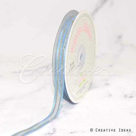 3/8" Organza With Satin And Gold Edge Ribbon - 25 Yards (Light Blue)