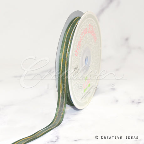 3/8" Organza With Satin And Gold Edge Ribbon - 25 Yards (Moss Green)