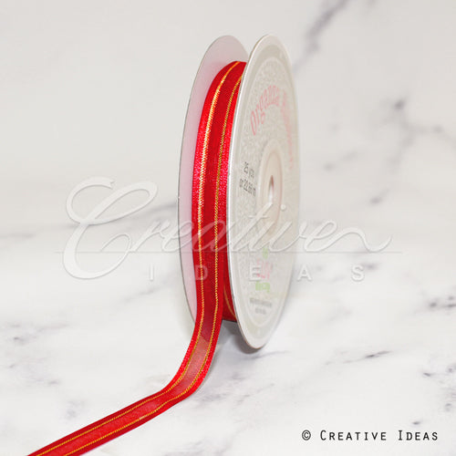 3/8" Organza With Satin And Gold Edge Ribbon - 25 Yards (Red)