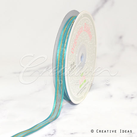 3/8" Organza With Satin And Gold Edge Ribbon - 25 Yards (Tropic Blue)