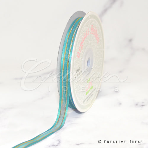 3/8" Organza With Satin And Gold Edge Ribbon - 25 Yards (Tropic Blue)