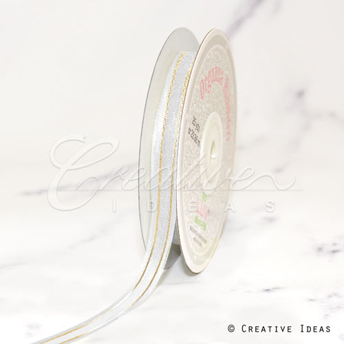 3/8" Organza With Satin And Gold Edge Ribbon - 25 Yards (White)
