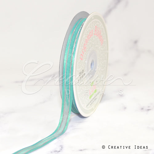 3/8" Organza With Satin & Silver Edge Ribbon - 25 Yards (Aqua)