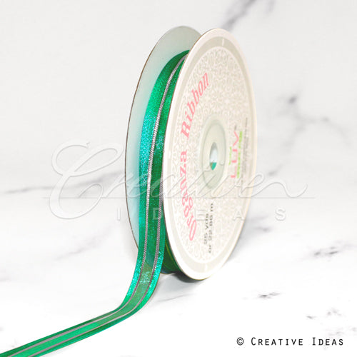 3/8" Organza With Satin & Silver Edge Ribbon - 25 Yards (Emerald Green)