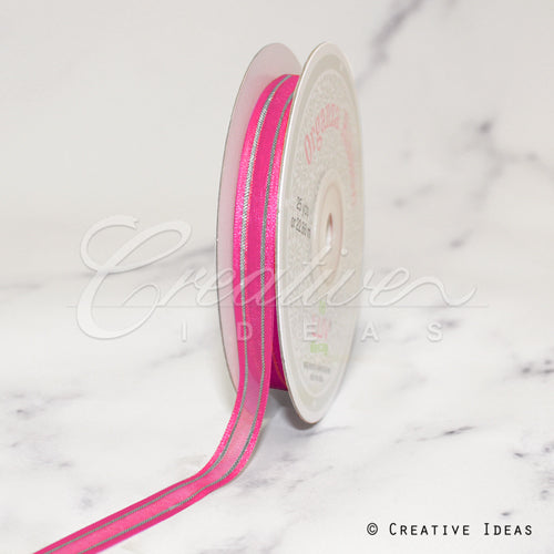 3/8" Organza With Satin & Silver Edge Ribbon - 25 Yards (Hot Pink)
