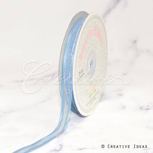 3/8" Organza With Satin & Silver Edge Ribbon - 25 Yards (Light Blue)