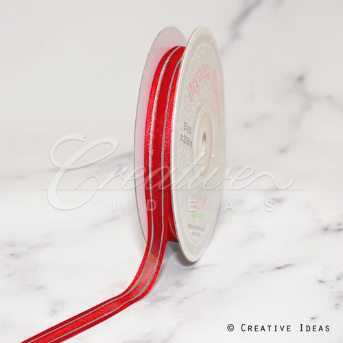 3/8" Organza With Satin & Silver Edge Ribbon - 25 Yards (Red)