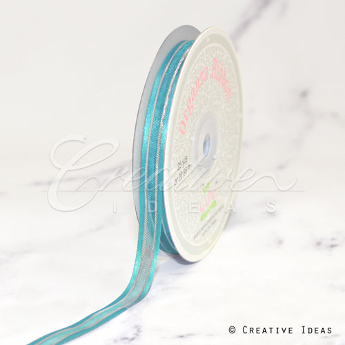 3/8" Organza With Satin & Silver Edge Ribbon - 25 Yards (Tropic Blue)
