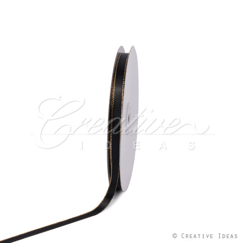 3/8" Satin With Gold Edge Ribbon- 50 Yards (Black)