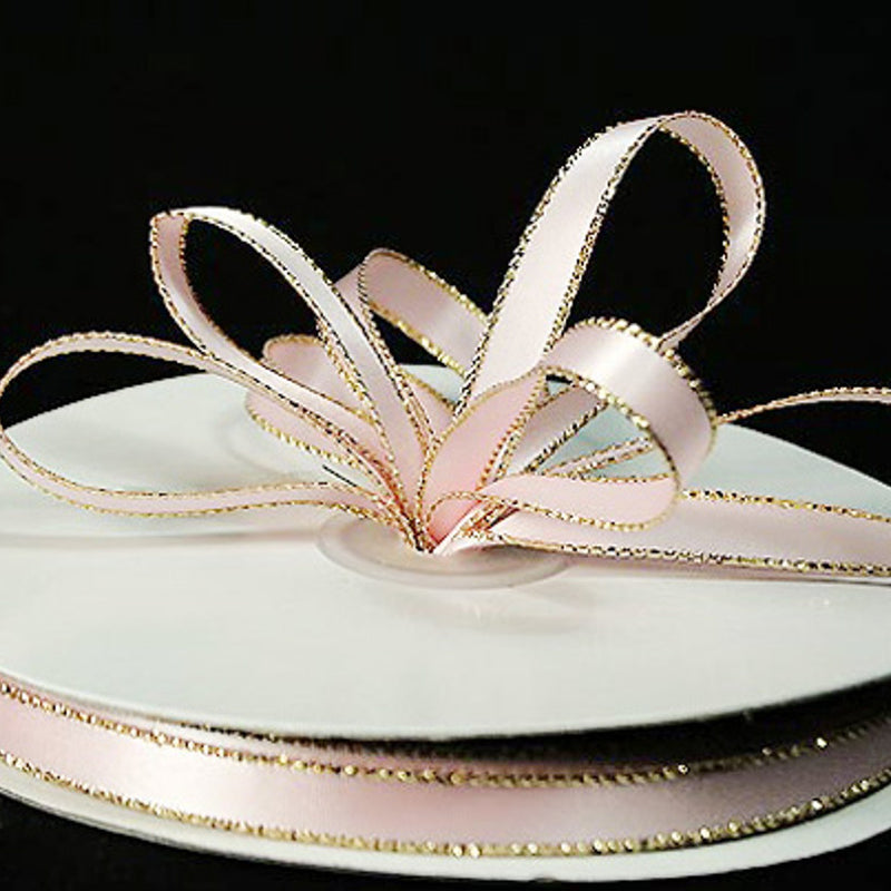 3/8"x50 yard Light Pink Satin Gift Ribbon with Gold Edge