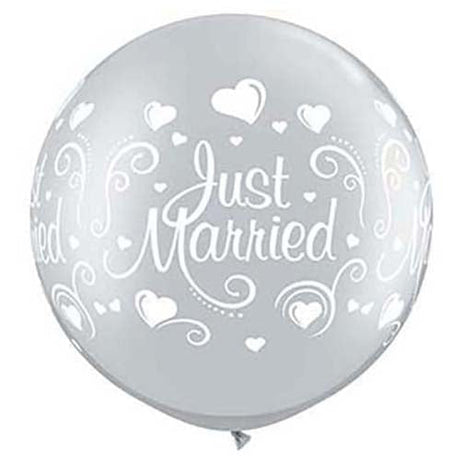 Latex Balloons Just Married Hearts Wrap Silver 30 Inch