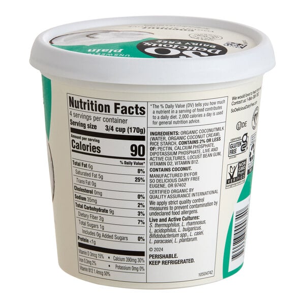 So Delicious Dairy-Free Unsweet Plain Coconut Milk Yogurt Alternative 24 oz. - 6/Case
