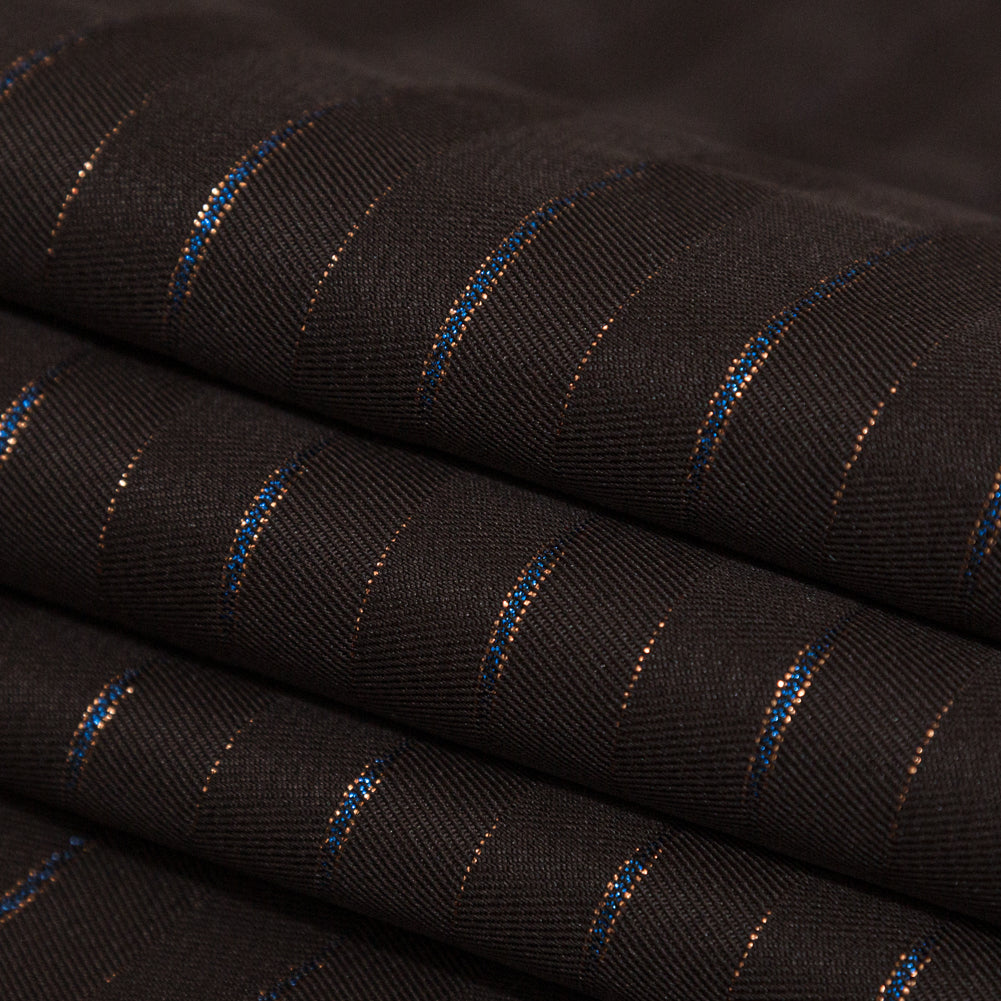 Chocolate Brown Polyester Twill with Metallic Gilded Pleasure and Moody Blue Stripes