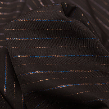 Chocolate Brown Polyester Twill with Metallic Gilded Pleasure and Moody Blue Stripes