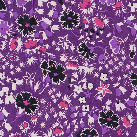 Famous Designer Bright Violet Retro Floral Silk Chiffon Print