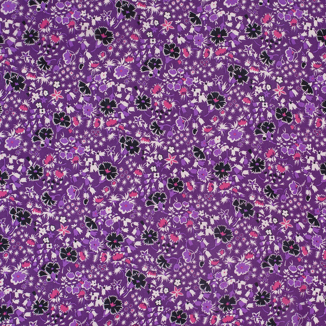 Famous Designer Bright Violet Retro Floral Silk Chiffon Print