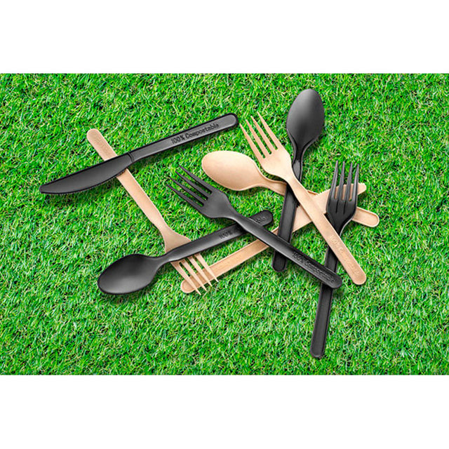Packnwood Compostable & Heat Proof Black 4 in 1 Cutlery Kit With Kraft Bag, 6", Case of 250