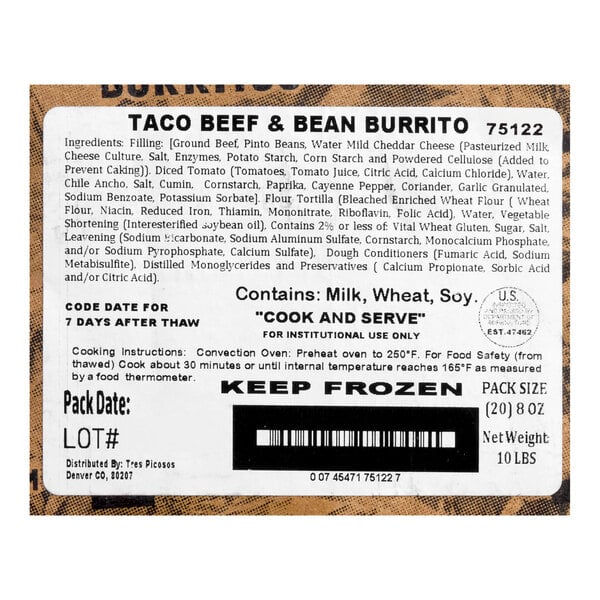 Tres Picosos Foil-Wrapped Taco Beef Burrito 8 oz. - 20/Case