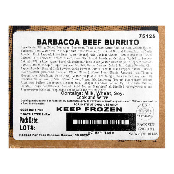 Tres Picosos Foil-Wrapped Barbacoa Beef Burrito 8 oz. - 20/Case