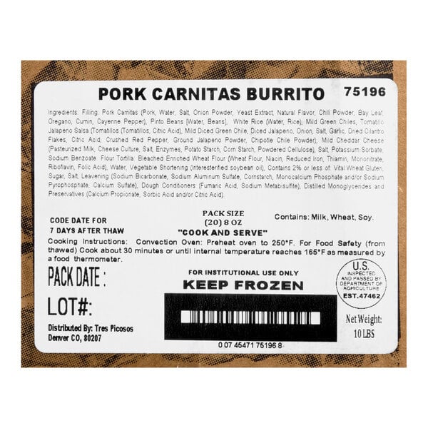 Tres Picosos Foil-Wrapped Pork Carnitas Burrito 8 oz. - 20/Case