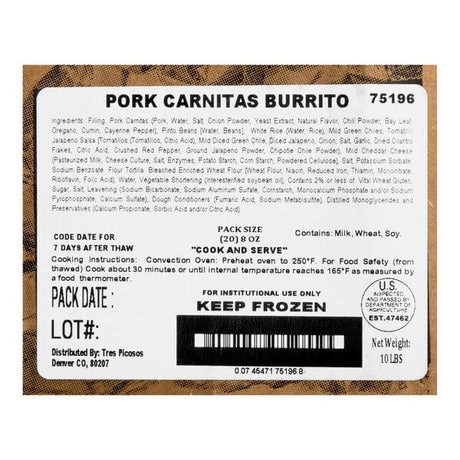 Tres Picosos Foil-Wrapped Pork Carnitas Burrito 8 oz. - 20/Case