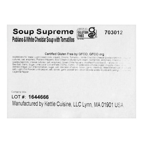 Soup Supreme Poblano and White Cheddar Soup with Tomatillos 4 lb. - 4/Case