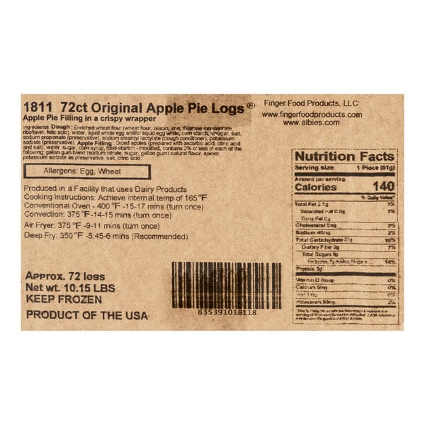 Finger Food Products Apple Pie Dessert Log Egg Roll 2 oz. - 72/Case