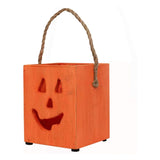 6.25 in Small Orange Wood Jack O Lantern Halloween Candle Holder