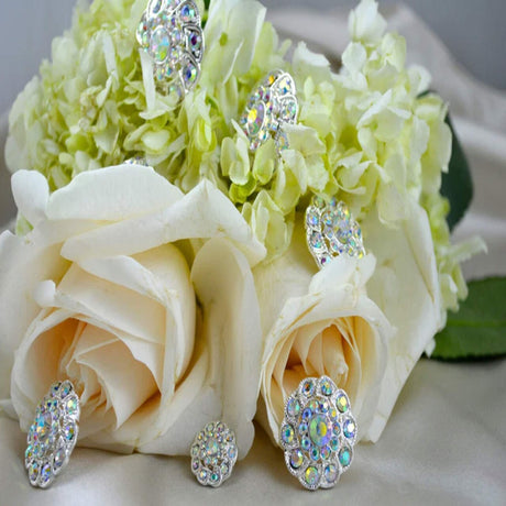 3/4" AB Rhinestone Silver Metal Flower Button