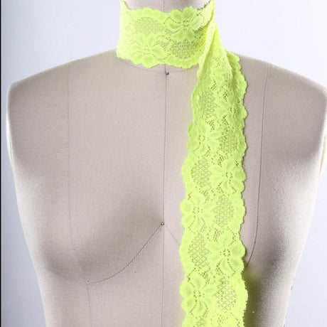 2.5" Wide Neon Yellow Stretch Floral Lace Trim Soft Hand-Dyed Elastic Ribbon for Lingerie, Overlays & DIY Crafts 2 Yards