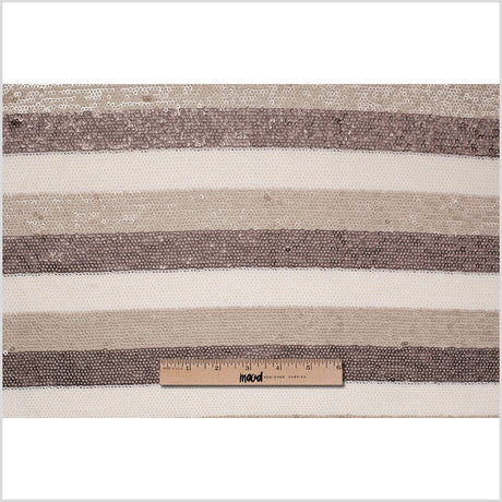 Beige/Brown/White Striped Baby Sequins on Polyester Mesh